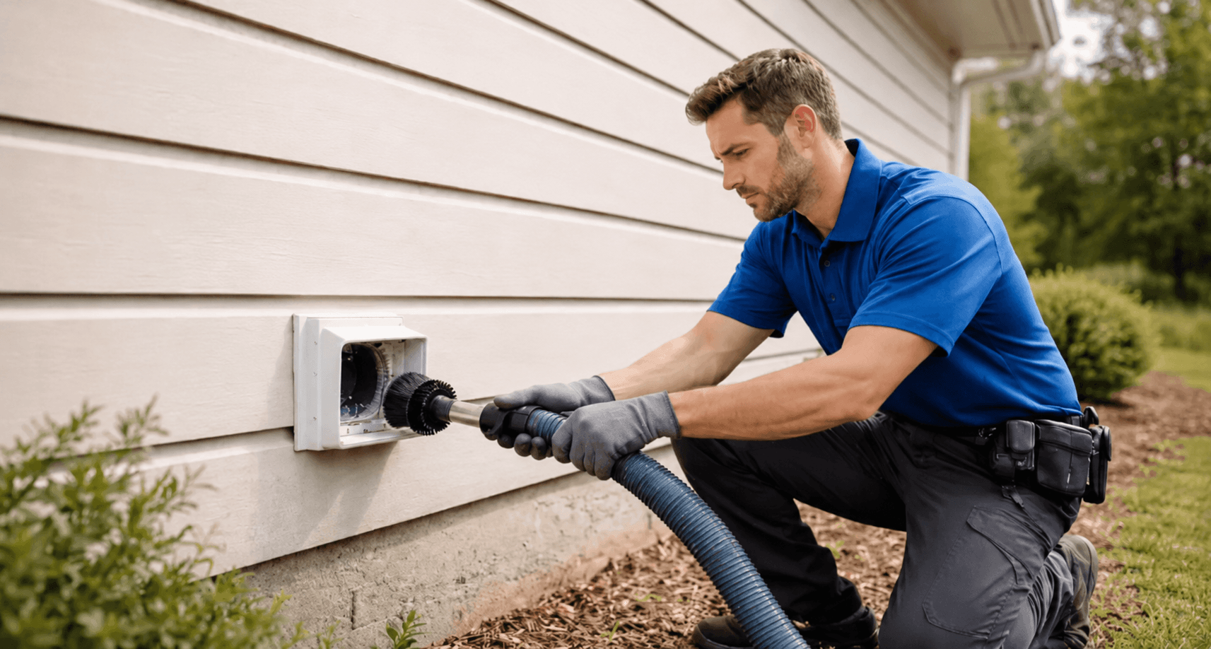 1st Choice technician cleaning an exterior dryer vent in Metro Nashville